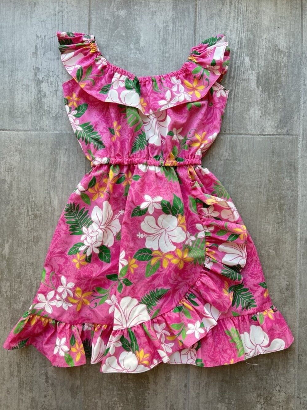 Royal Hawaiian Creations Ruffled Luau Dress Aloha Pink Hibiscus Sundress  XS 4-5